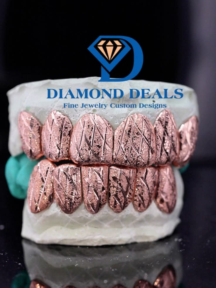 6 Top 6 Bottom Rose Gold Diamond Cut & Diamond Dust Grillz