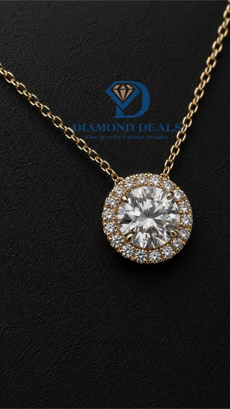 14K Yellow Gold Round Halo Diamond Pendant
