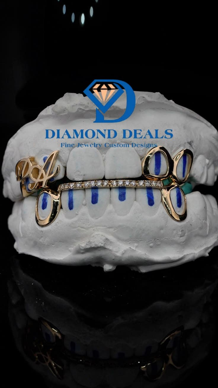 2 Top 2 Bottom Custom Initial Grillz with Diamond Bar