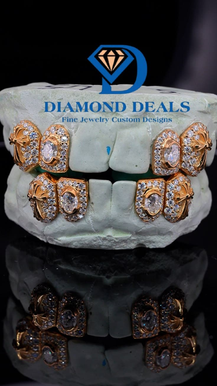 4 Top 4 Bottom Oval Halo Grillz with Cross Side Caps